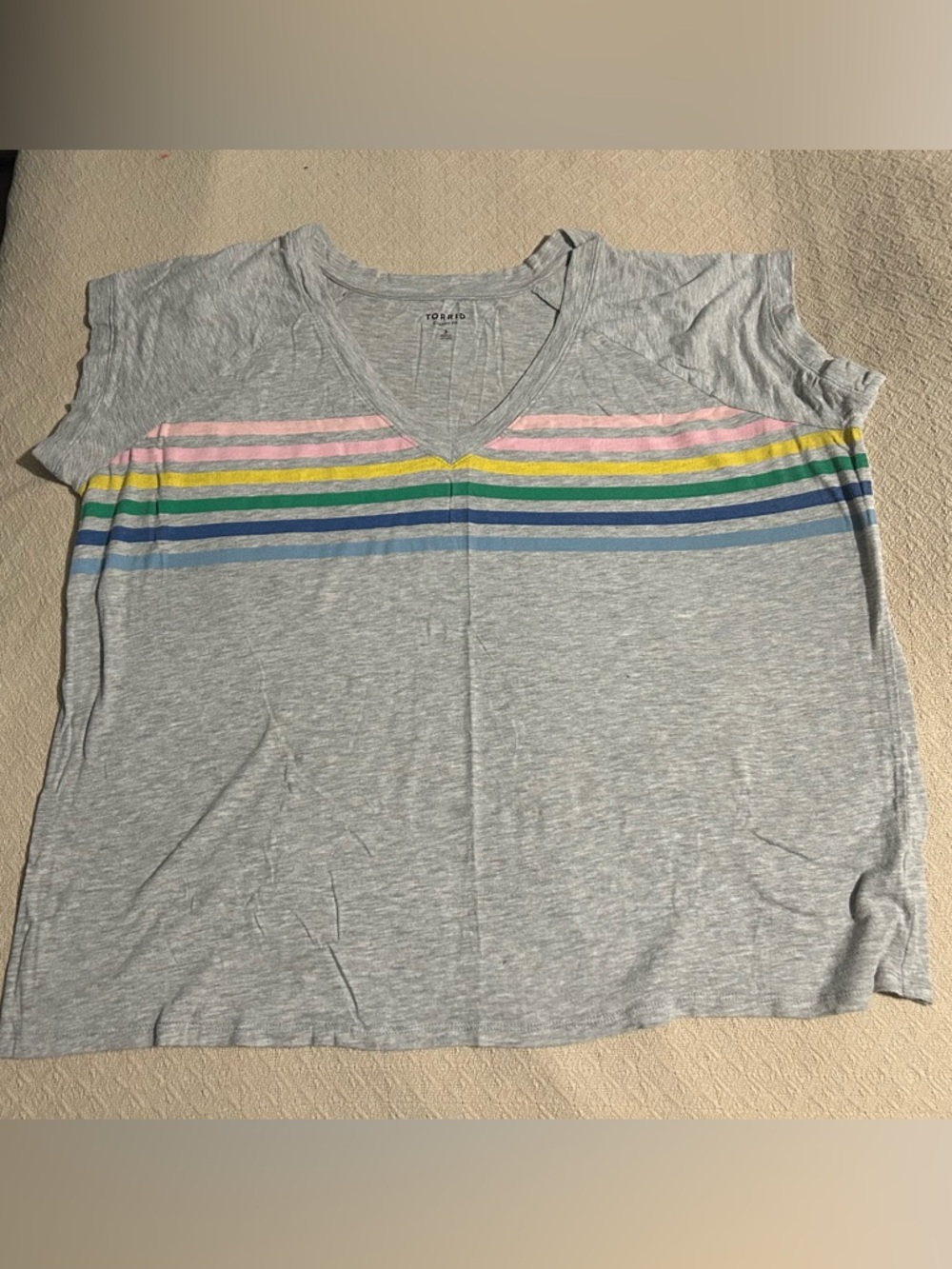 torrid Light Gray V-Neck Dolman Tee with Pastel Stripe Accent